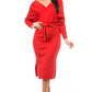 Front view of a long-sleeve red sweater dress with a bodycon fit and v-neckline.
