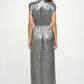 Elegant silver prom dress with a V-neckline, cap sleeves, and metallic shimmer.
