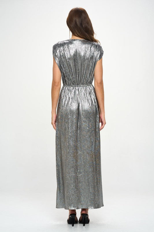 Elegant silver prom dress with a V-neckline, cap sleeves, and metallic shimmer.
