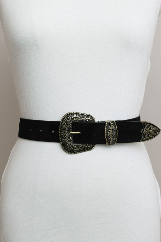 Stylish black suede western belt featuring a detailed antique gold buckle.
