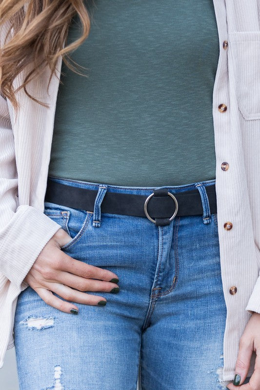 Black vegan leather belt with silver O-ring buckle
