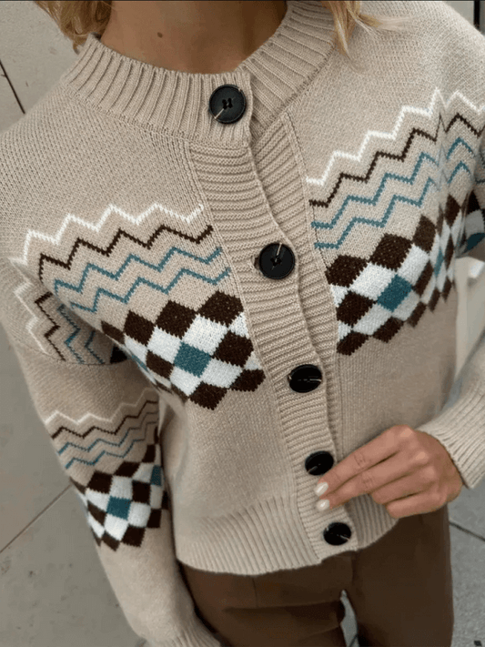 Khaki argyle knit cardigan in a soft, slightly stretchy fabric

