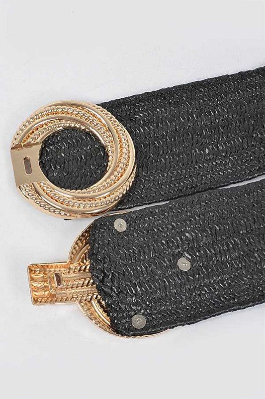 Versatile black faux straw belt with a gold-tone double-circle buckle.
