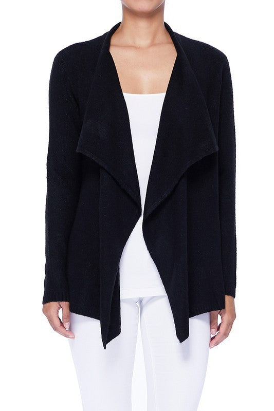 black open front cardigan with shawl collar
