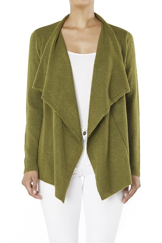 olive open front cardigan with shawl collar
