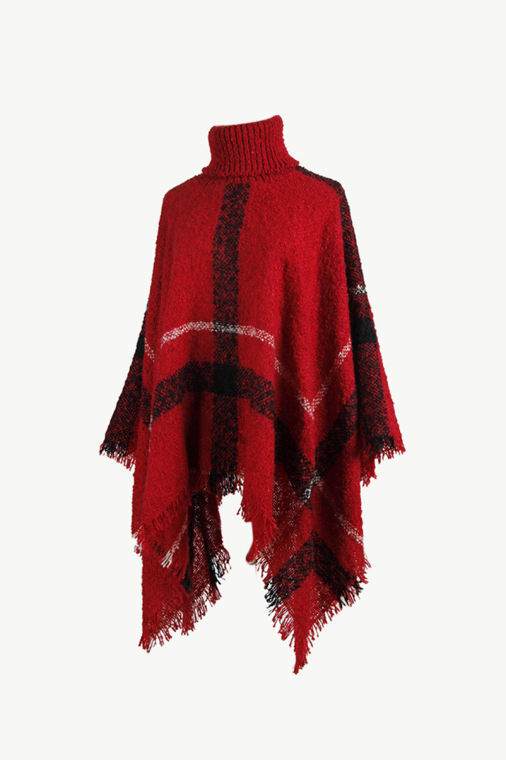 Timeless plaid poncho in red with fringe detailing.
