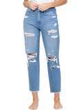 Front view of VERVET distressed raw hem mom jeans with light wash.
