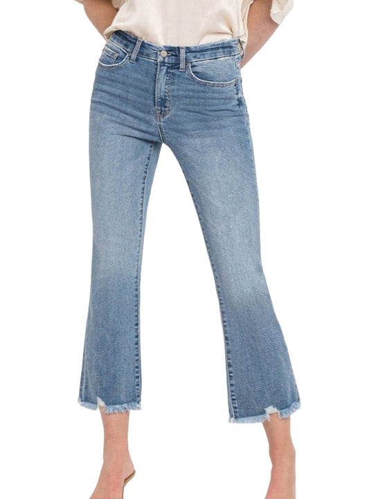 Front view of VERVET high-rise crop flare jeans with raw hem.
