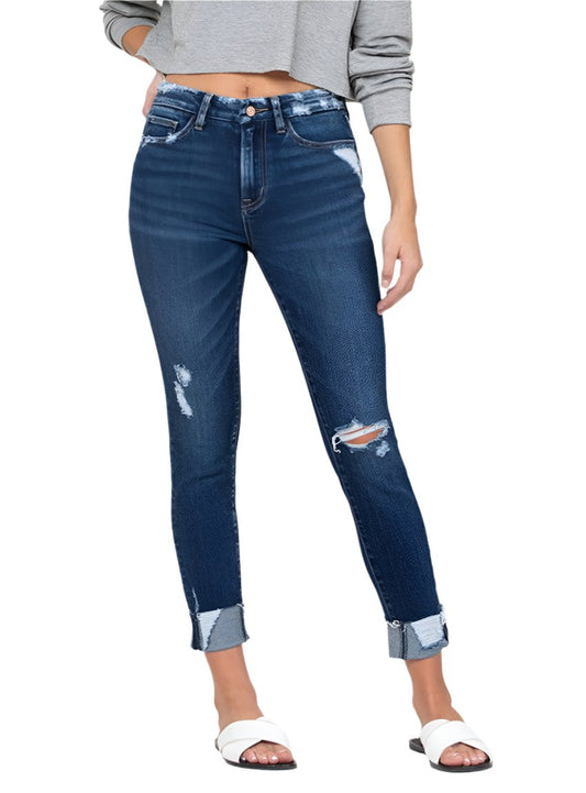 Front view of VERVET high-rise distressed crop skinny jeans with rolled cuffs.
