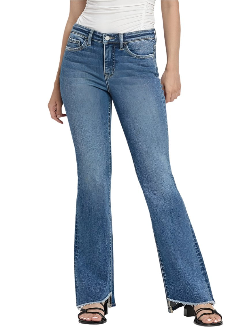 Front view of VERVET high rise slant hem flare jeans in medium wash.
