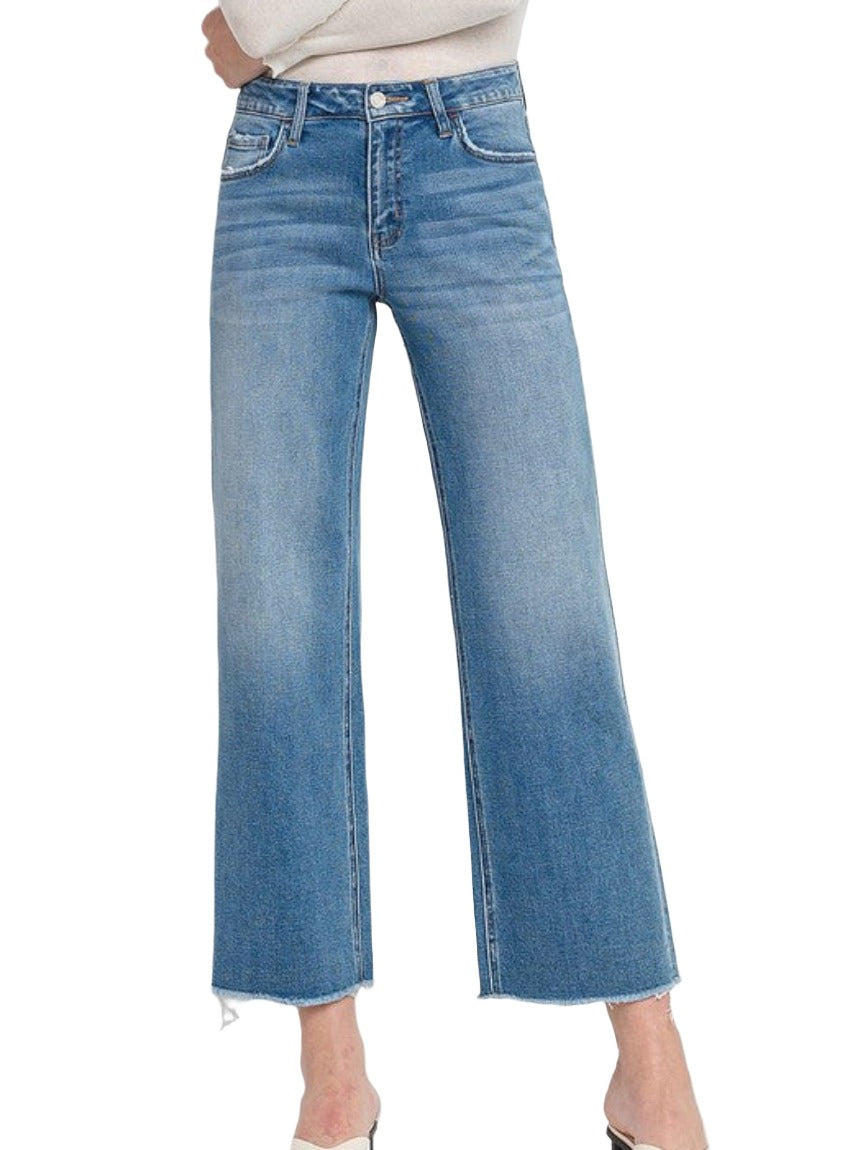 VERVET high-rise ankle slim wide jeans in medium wash.
