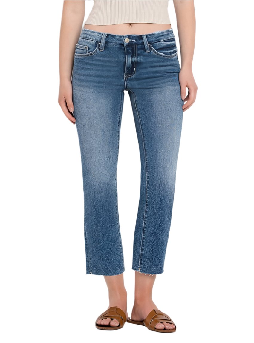 Front view of VERVET mid-rise crop slim straight jeans in medium wash.
