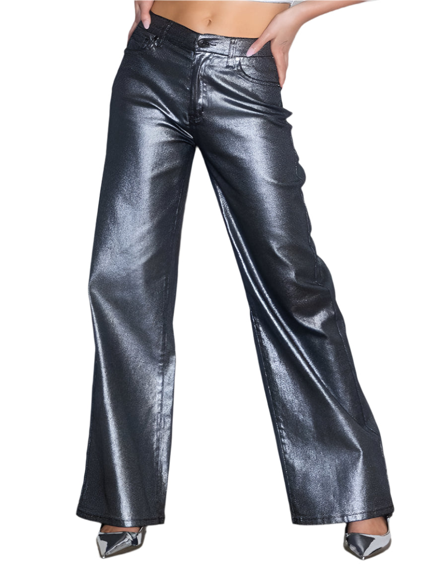 Front view of Vibrant M.i.U Metallic High Rise Wide Jeans featuring a shimmering metallic finish.
