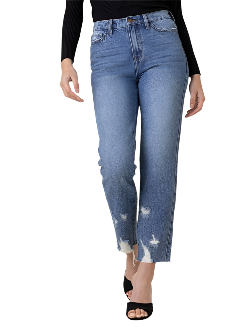 Vibrant M.i.U high waisted straight leg jeans with distressed bottom
