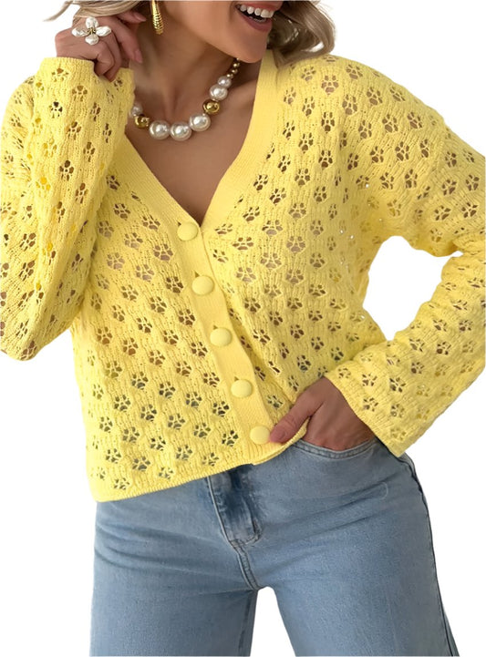 Open-knit yellow sweater with fabric-covered buttons detail
