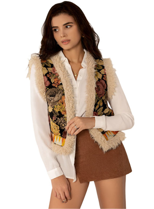 Vintage floral faux shearling vest with embroidered pattern, front view.
