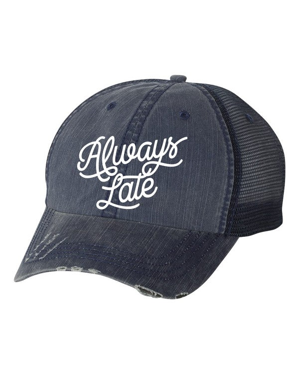 Classic navy mesh back cap with Always Late detail

