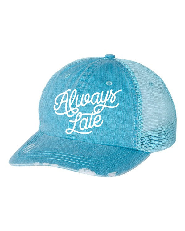 Turquoise and white mesh cap featuring Always Late text design

