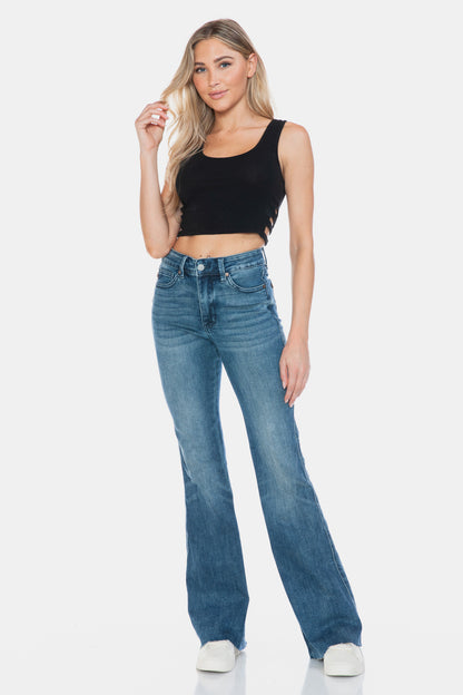 Front view of vintage wash Judy Blue flare jeans with a flattering fit.
