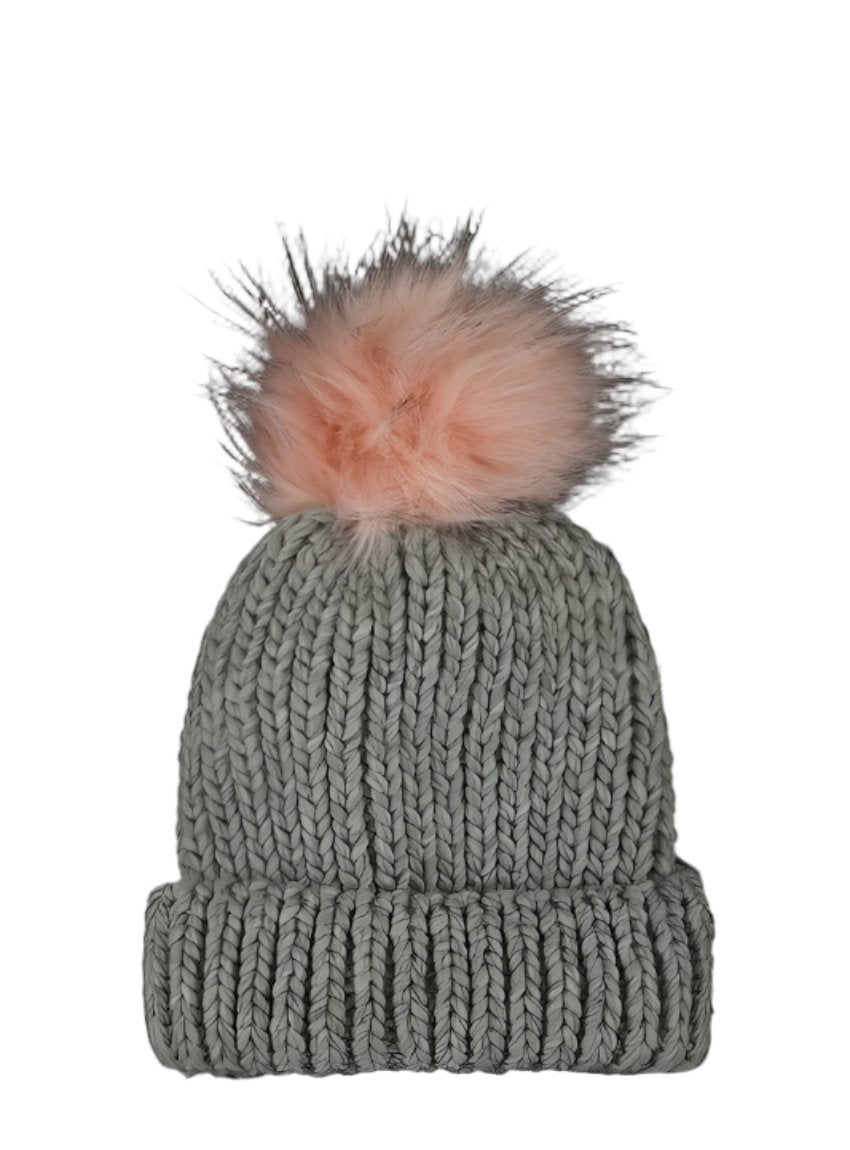 Warm gray knit hat featuring a classic cuff and pom-pom.
