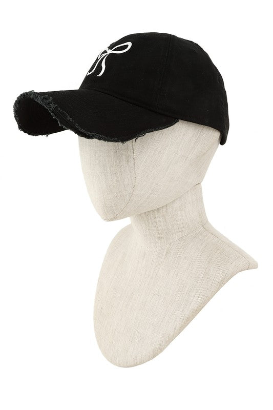 Stylish black baseball hat with ribbon accent
