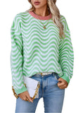 Front view of a green wavy stripe knit sweater, perfect for casual wear and cozy days.

