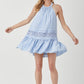 Halter Neck Lace Trim Boho Mini Whimsical Blue Dress