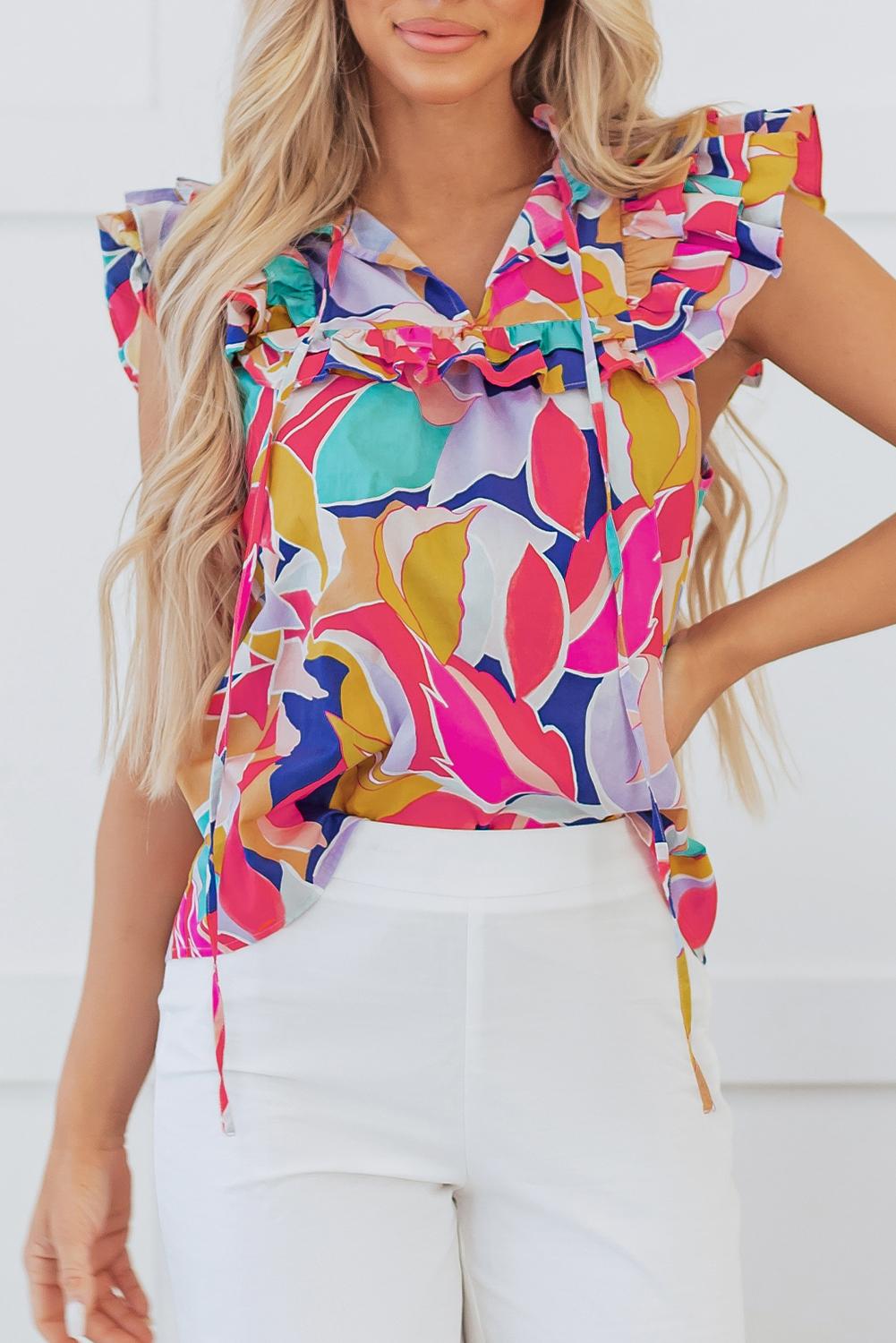 Colorful Abstract Print Ruffle Sleeve Cotton Blouse - Preppy Style - Whimsical Clothing