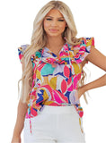 Colorful Abstract Print Ruffle Sleeve Cotton Blouse - Preppy Style - Whimsical Clothing