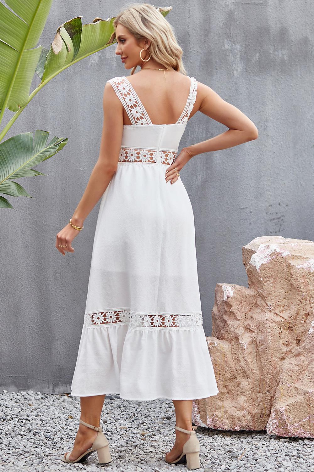 Crochet Wide Strap Whimsical White Midi Dress | Appalachian Style