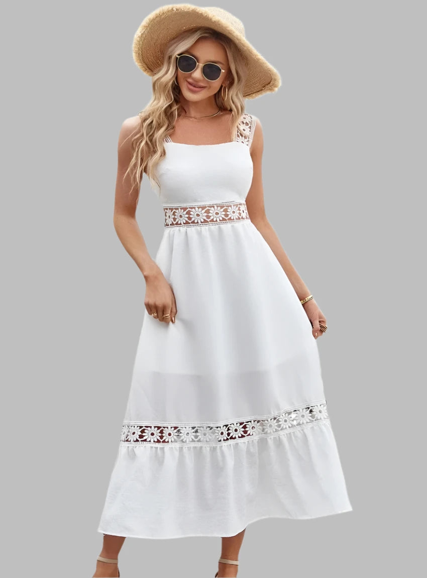 Crochet Wide Strap Whimsical White Midi Dress | Appalachian Style