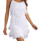 White fringe dress with adjustable straps and fun movement, front view.
