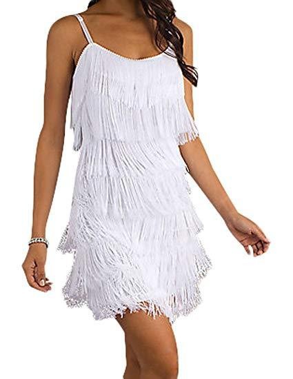 White fringe dress with adjustable straps and fun movement, front view.
