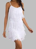 White fringe dress with adjustable straps and fun movement, front view.
