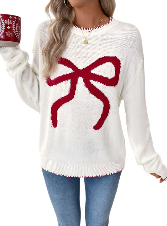 Front view of the white bow-knot holiday sweater, featuring a large red bow for festive style.

