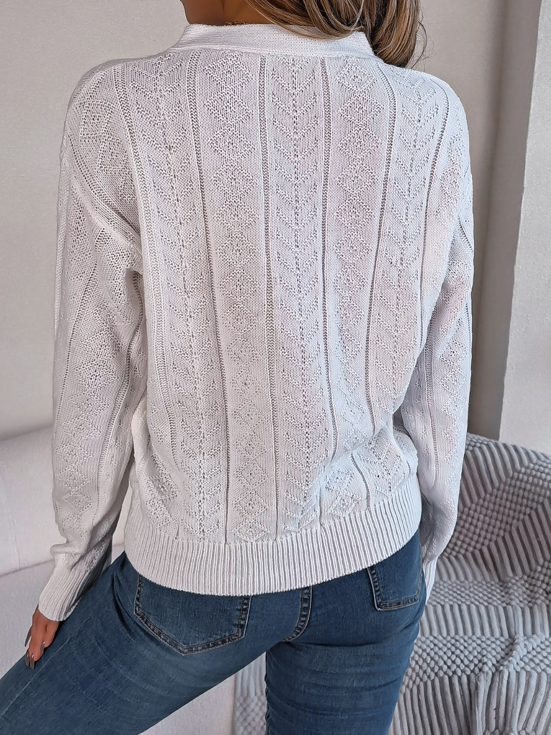 Casual white cable knit Henley sweater perfect for layering