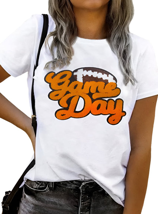 White T-shirt with chenille "Game Day" text and football pattern.