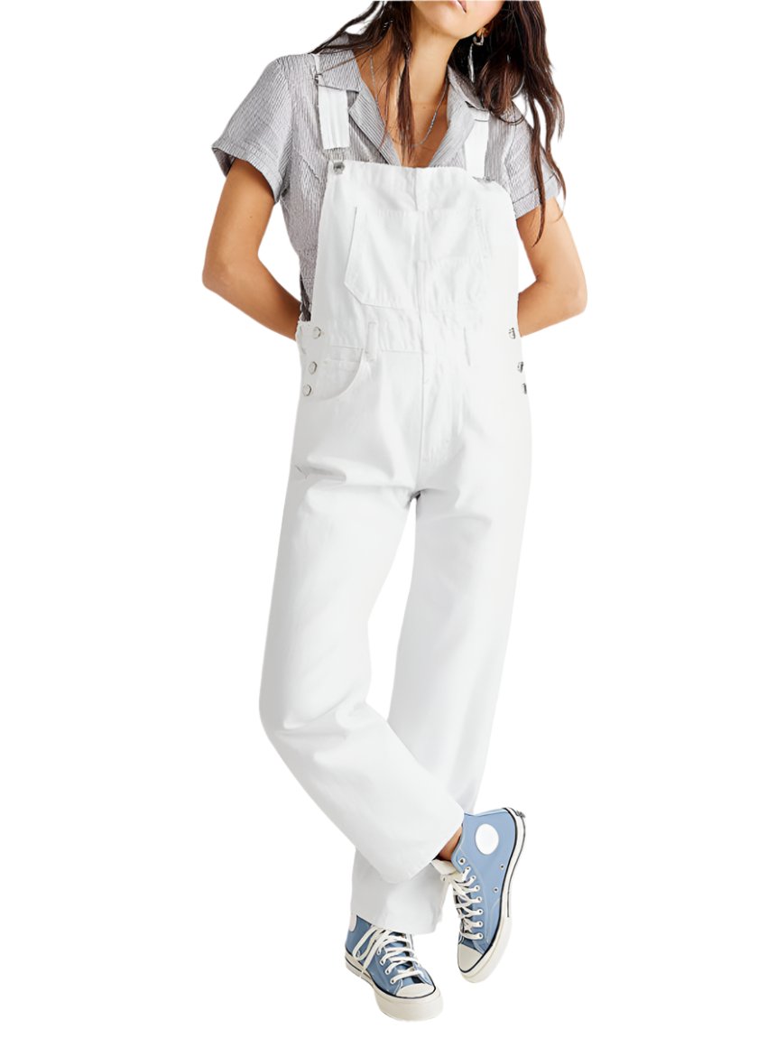 Front view of solid white cotton overalls with adjustable straps.
