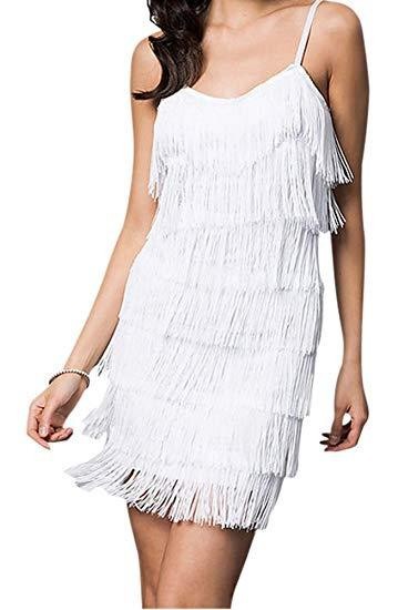 Full-length shot of a white fringe mini dress, perfect for special events or nights out.
