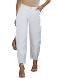 Front view of white high-waist tapered jeans for women.
