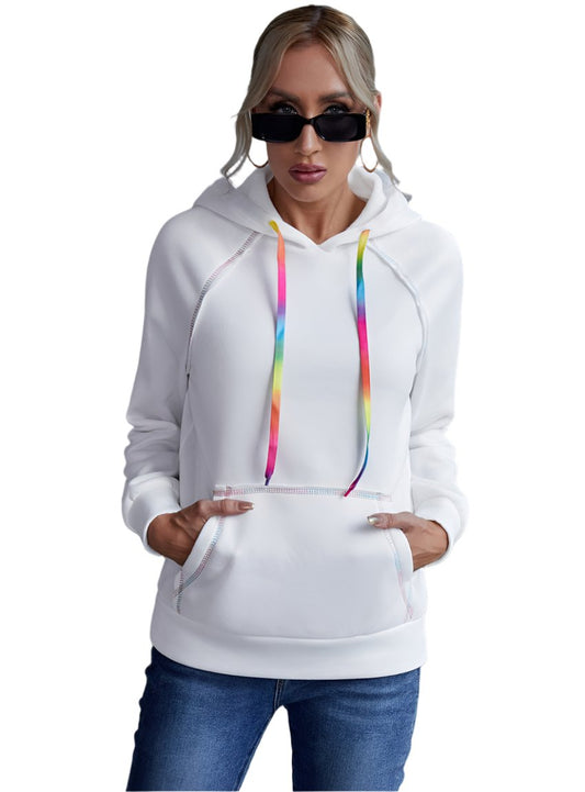 white drawstring hoodie with rainbow drawstrings

