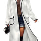 Modern white long sherpa coat with black trim, perfect for stylish layering.
