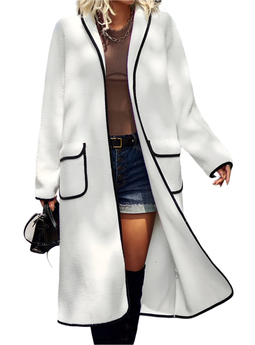 Modern white long sherpa coat with black trim, perfect for stylish layering.
