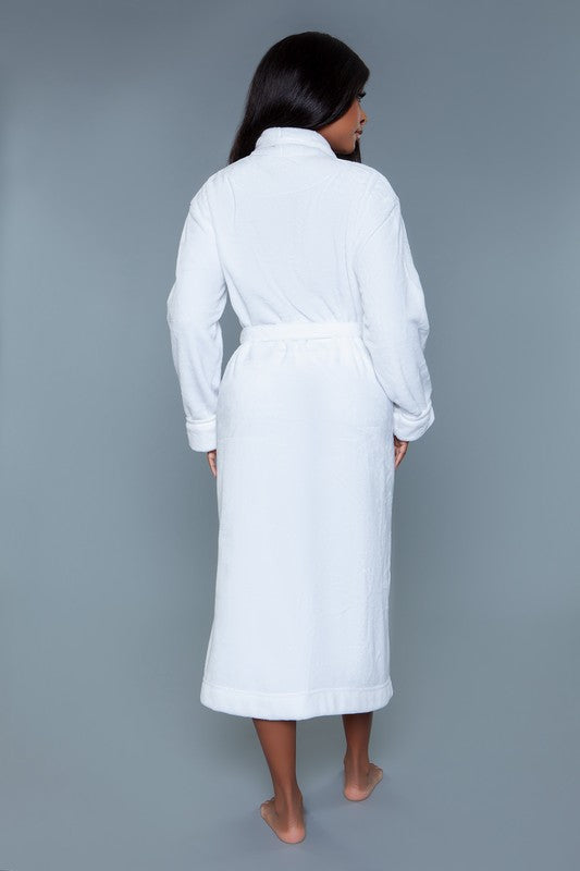 Soft white plush robe with long sleeves and a belted waist, perfect for chilly days at home.
