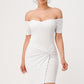 Front view of the white off-shoulder twist bodycon dress, perfect for formal events.
