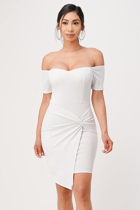 Front view of the white off-shoulder twist bodycon dress, perfect for formal events.
