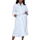 Front view of a white ultra-soft plush robe with a belted waist and long sleeves, ideal for winter lounging.
