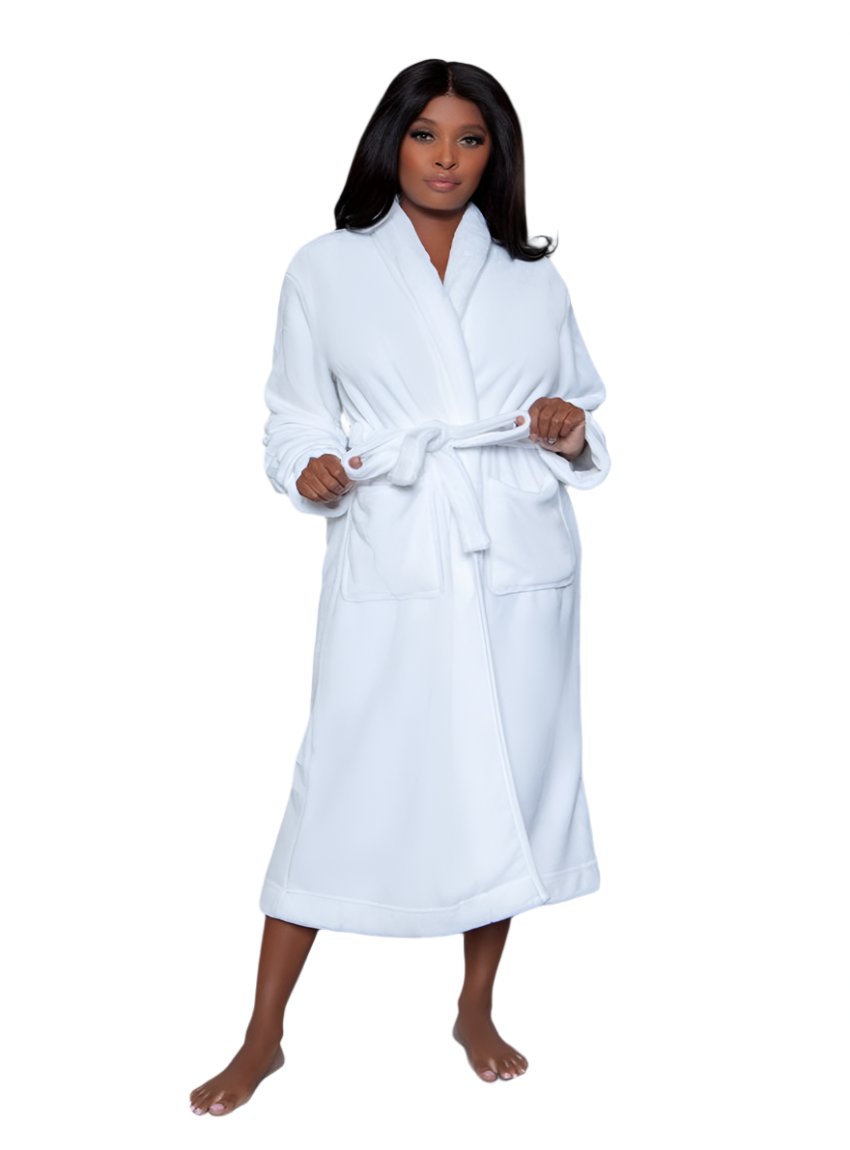 Front view of a white ultra-soft plush robe with a belted waist and long sleeves, ideal for winter lounging.
