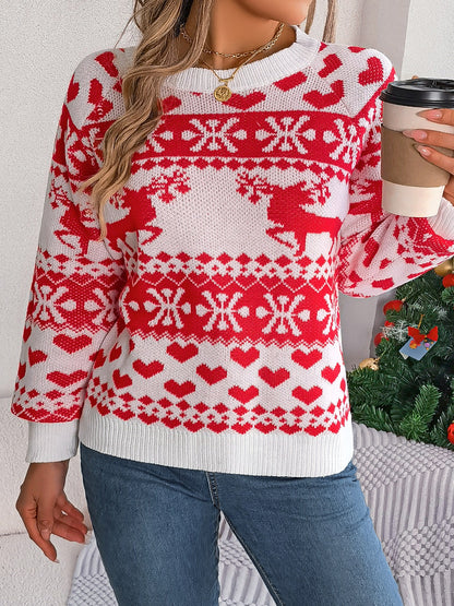 Front view of the white festive reindeer snowflake sweater, perfect for casual holiday outfits.

