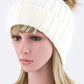 Winter-ready white ribbed knit beanie featuring a fluffy faux fur pom.